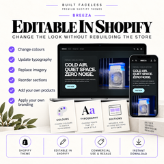 BREEZA Shopify theme showing editable colours, typography, imagery, sections, products and branding through Shopify’s native theme editor.