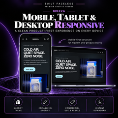BREEZA responsive Shopify theme displayed across mobile and desktop, built with a clean product-first experience for every device.