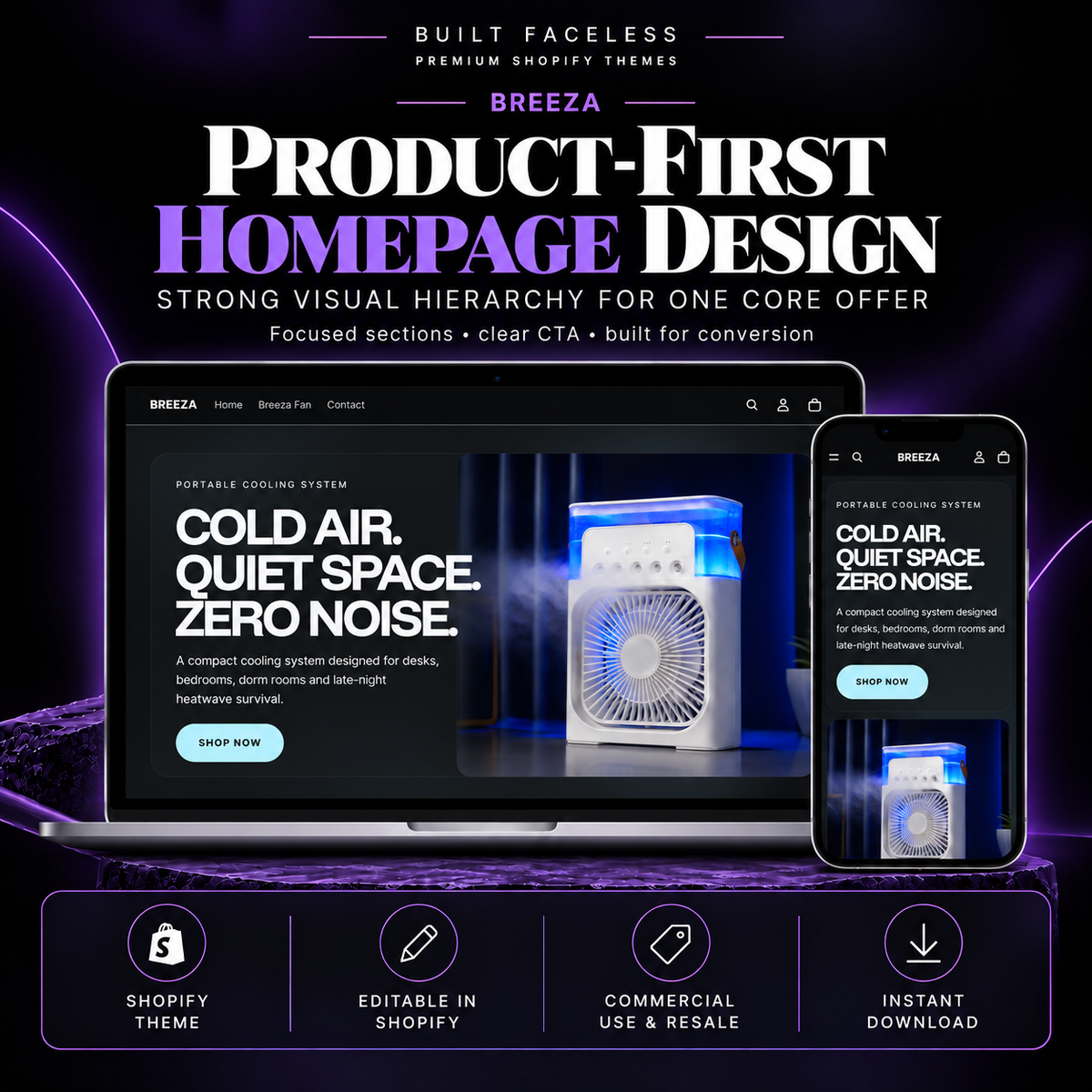 BREEZA product-first Shopify homepage design with strong visual hierarchy, focused sections and clear call to action for one core offer.