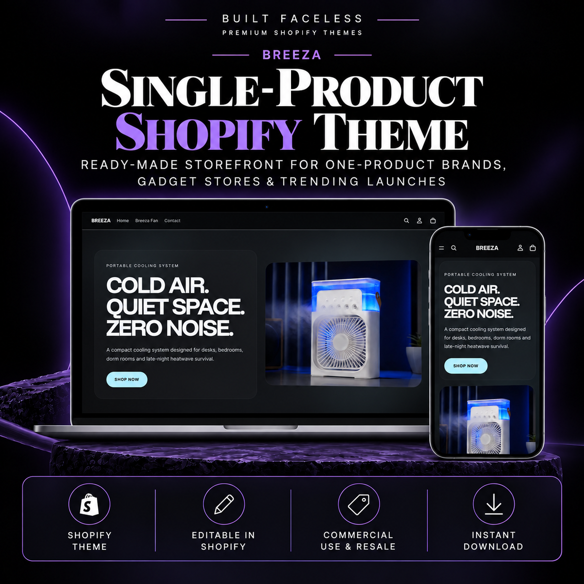 BREEZA single-product Shopify theme shown on desktop and mobile, designed for one-product stores, gadget brands and focused product launches.