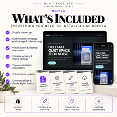 What’s included with BREEZA, including the Shopify theme ZIP, customisable homepage, product page and collection page, responsive layouts, installation guide and resale licence.