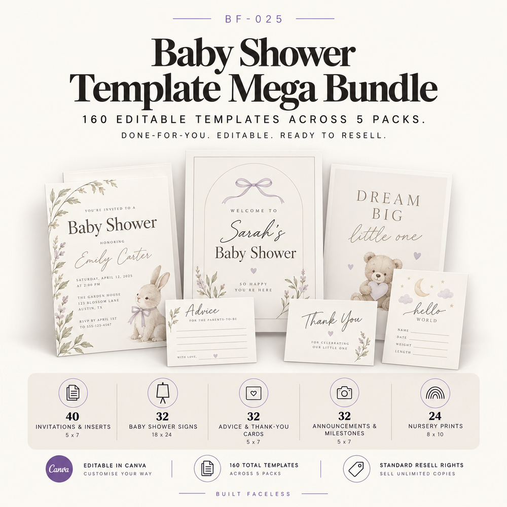 Baby Shower and Newborn Stationery Canva Mega Bundle with 160 editable templates including invitations, baby shower signs, keepsake cards, newborn announcements, milestone cards, nursery prints and resell rights