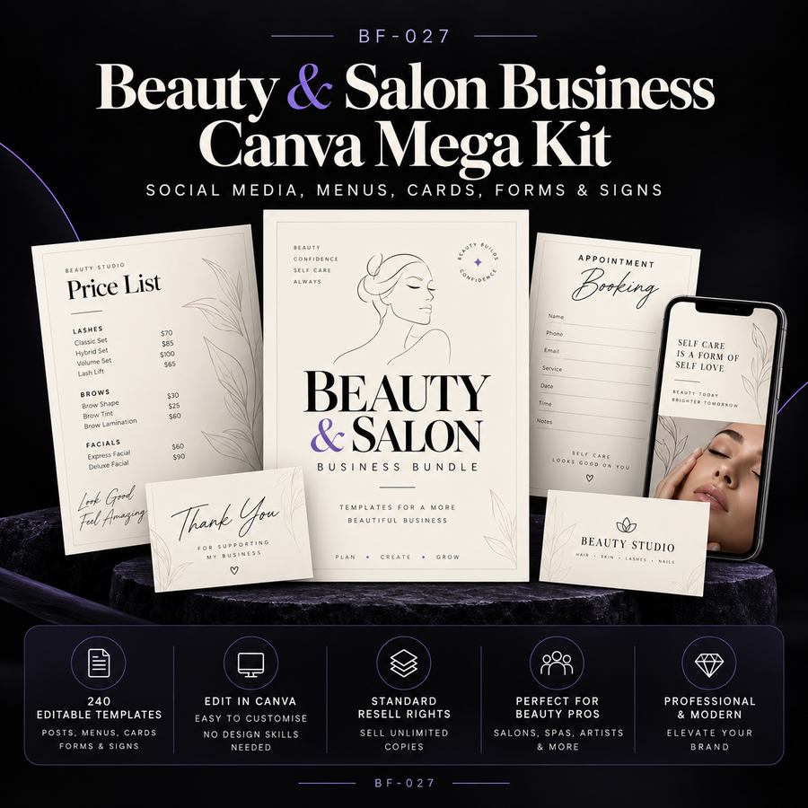 Beauty and Salon Business Canva Mega Kit with 240 editable templates for social media, service menus, client cards, salon forms, signs and Standard Resell Rights