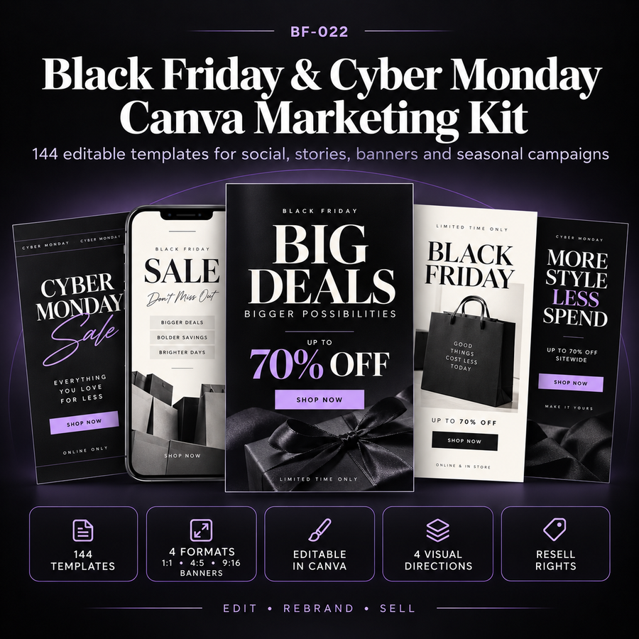 Black Friday and Cyber Monday Canva Marketing Kit with 144 editable templates for social posts, Stories, Reels, website and email banners, four visual directions and resell rights
