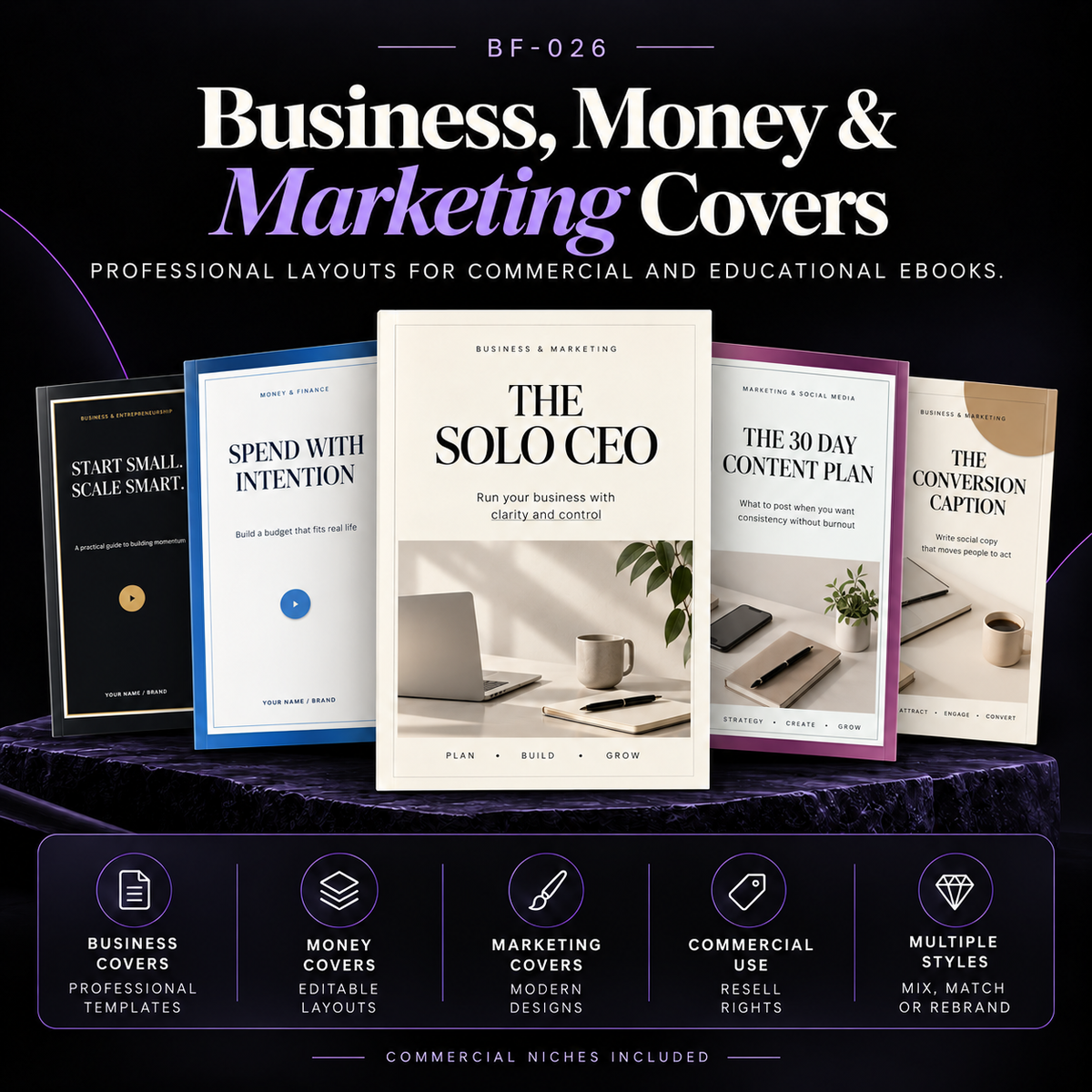 Editable Canva eBook cover templates for business, entrepreneurship, money, finance, marketing and social media digital products