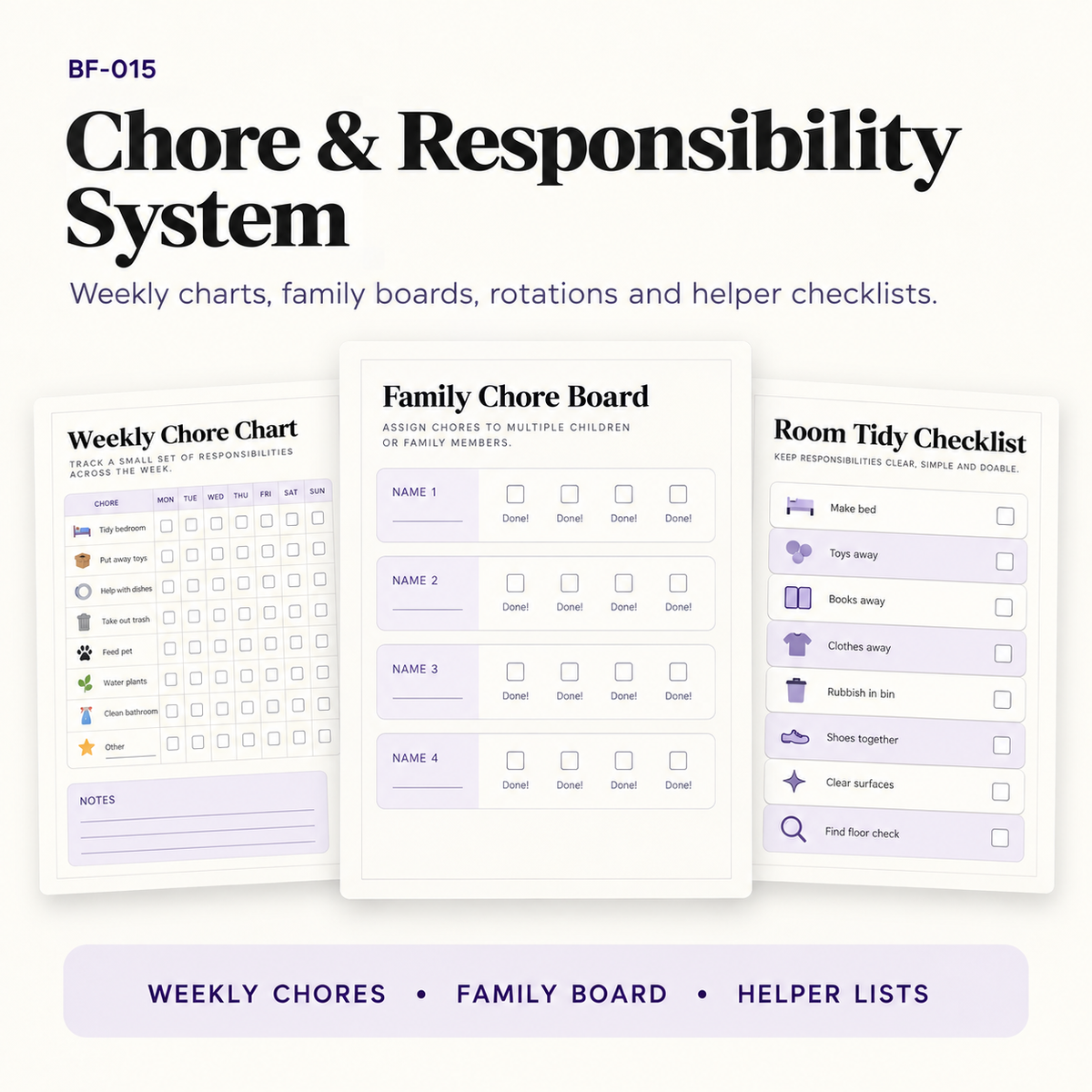 Kids chore and responsibility system with weekly chore charts, family chore boards, room tidy checklists, chore rotations and helper checklists