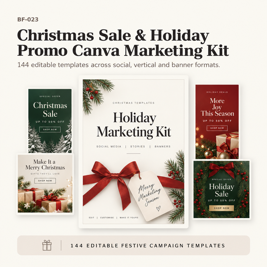 Christmas Sale and Holiday Promo Canva Marketing Kit with 144 editable templates for social posts, Stories, Reels, website and email banners, four visual directions and resell rights