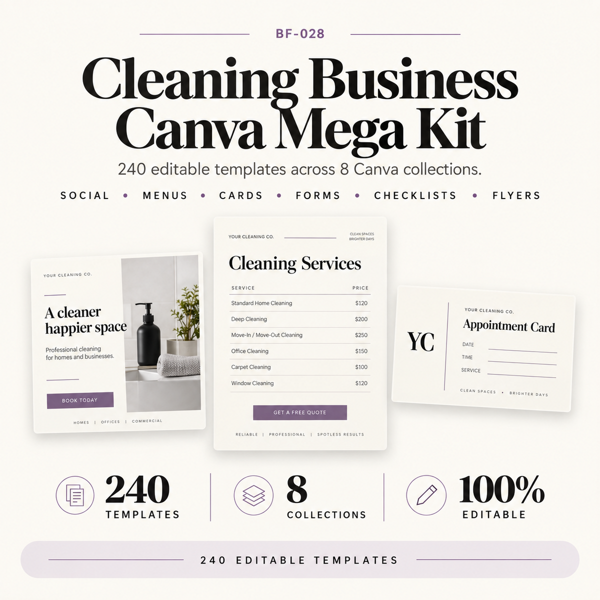 Mockup graphic for the Cleaning Business Canva Mega Kit showing editable Canva templates for cleaning businesses with social media, service, admin and promotional design examples.