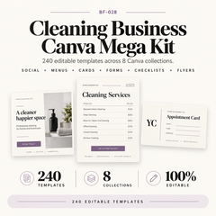 Mockup graphic for the Cleaning Business Canva Mega Kit showing editable Canva templates for cleaning businesses with social media, service, admin and promotional design examples.