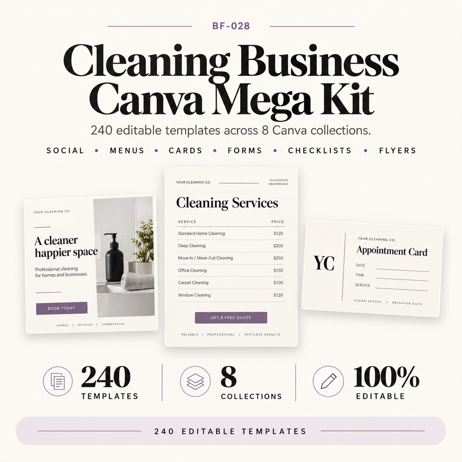 Mockup graphic for the Cleaning Business Canva Mega Kit showing editable Canva templates for cleaning businesses with social media, service, admin and promotional design examples.