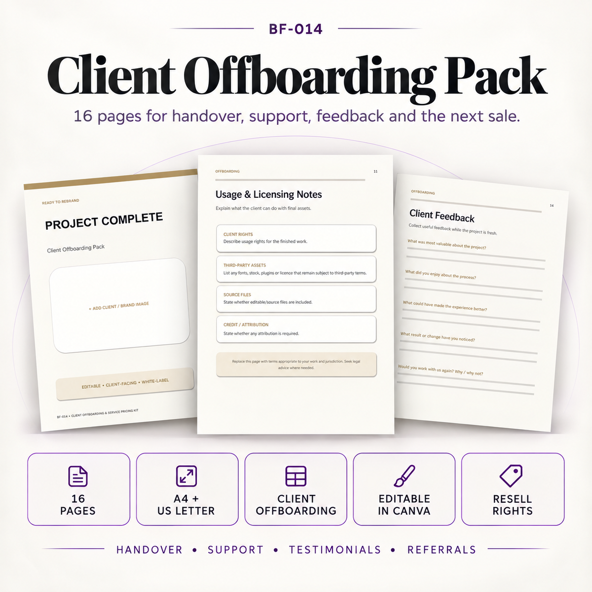 16-page editable Client Offboarding Pack covering final handover, support, licensing notes, client feedback, testimonials and referrals