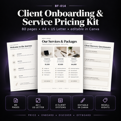 Client Onboarding and Service Pricing Kit with 80 editable pages, A4 and US Letter Canva templates, four client systems and Standard Resell Rights