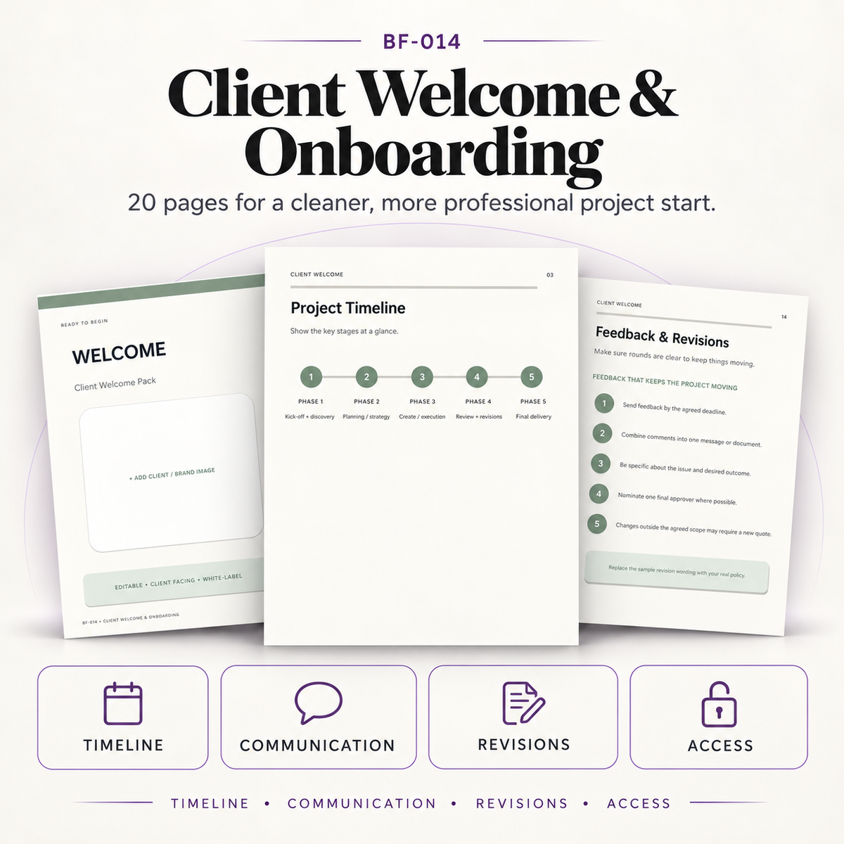 20-page editable Client Welcome and Onboarding Pack covering project timelines, communication, revisions, responsibilities, access and client preparation