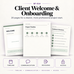 20-page editable Client Welcome and Onboarding Pack covering project timelines, communication, revisions, responsibilities, access and client preparation