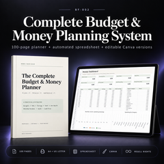 Complete Budget & Money Planning System product image showing the planner and automated spreadsheet included with resell rights.