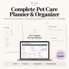 Complete Pet Care Planner and Organizer with 30 planner pages, automated spreadsheet, editable Canva templates, A4 and US Letter files and resell rights