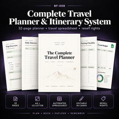 Complete Travel Planner and Itinerary System with 32 travel planning pages, automated spreadsheet, editable Canva templates and resell rights