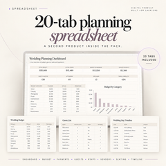 Digital product preview for a 20-tab wedding planning spreadsheet template, showing a dashboard and several tab previews on a light beige background with decorative text and icons.