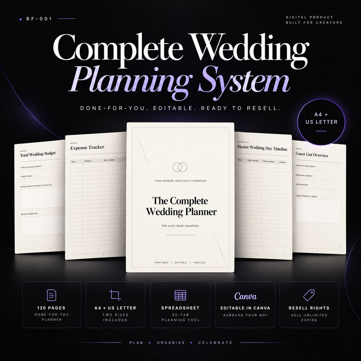 Complete wedding planning system with 120-page planner, Canva templates, spreadsheet and resell rights