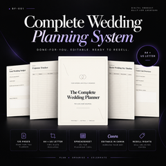 Complete wedding planning system with 120-page planner, Canva templates, spreadsheet and resell rights