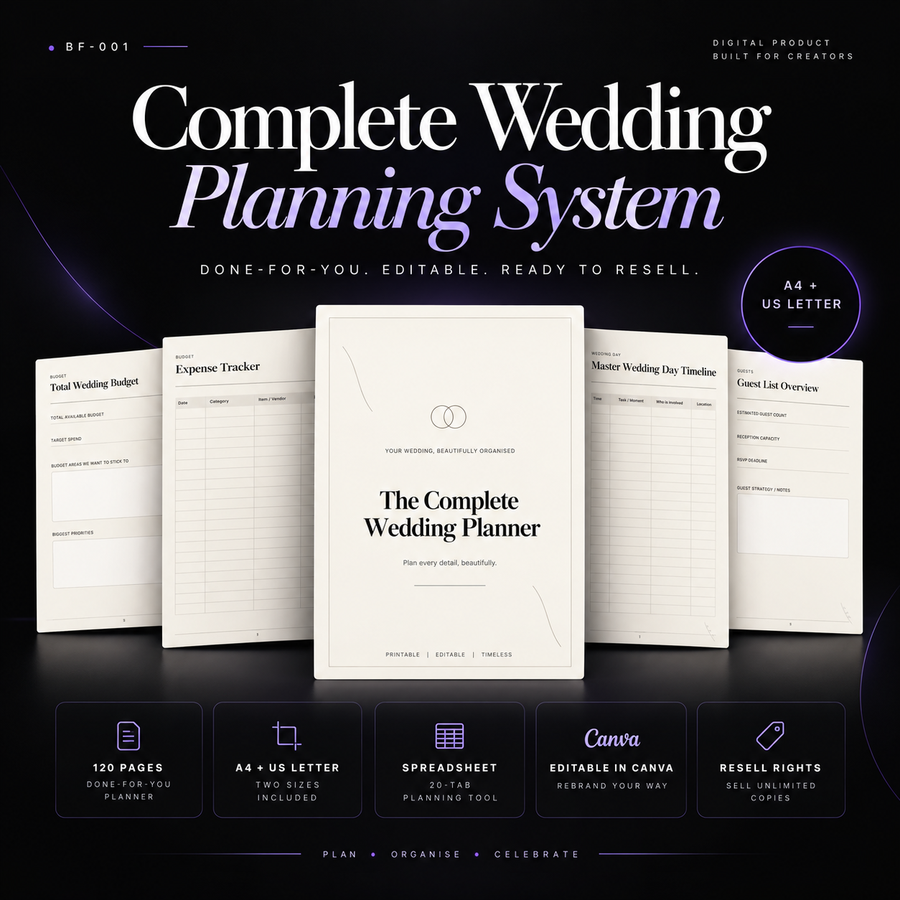 Complete wedding planning system with 120-page planner, Canva templates, spreadsheet and resell rights