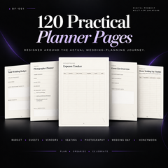 Digital product preview for a wedding planner page set titled '120 Practical Planner Pages' on a dark background. Five sample planner pages are shown fanned out: Total Wedding Budget, Photographer Planner, Expense Tracker, Guest List Overview, and Master Wedding Day Tracker.