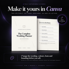Promotional graphic for a digital wedding planner template, showing a white planner cover and an interior pages preview on a dark purple background with text reading 'Make it yours in Canva' and 'Two editable 120-page versions: A4 and US Letter.'.