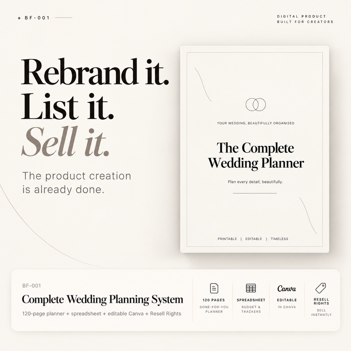 Digital product mockup for a wedding planner template, showing a clean cream-colored planner cover on the right with the title 'The Complete Wedding Planner,' alongside marketing text on the left and feature icons along the bottom.