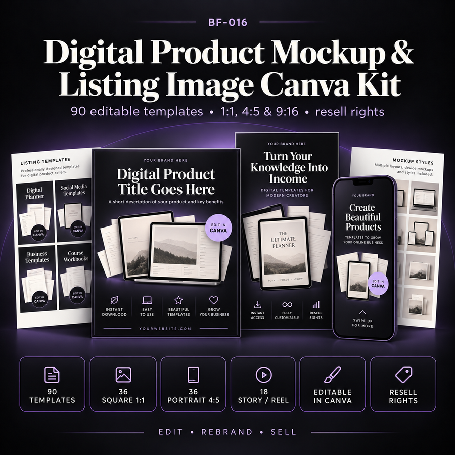 Digital Product Mockup and Listing Image Canva Kit with 90 editable templates across square 1:1, portrait 4:5 and Story or Reel 9:16 formats with resell rights