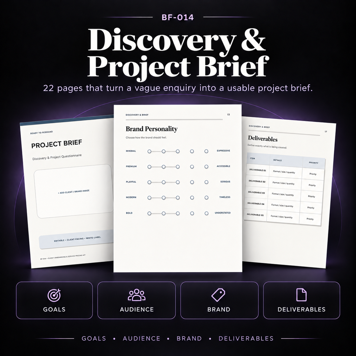 22-page editable Discovery and Project Brief covering project goals, target audience, brand direction, deliverables, scope, budget and success measures