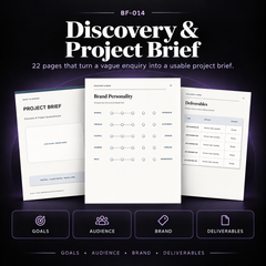 22-page editable Discovery and Project Brief covering project goals, target audience, brand direction, deliverables, scope, budget and success measures