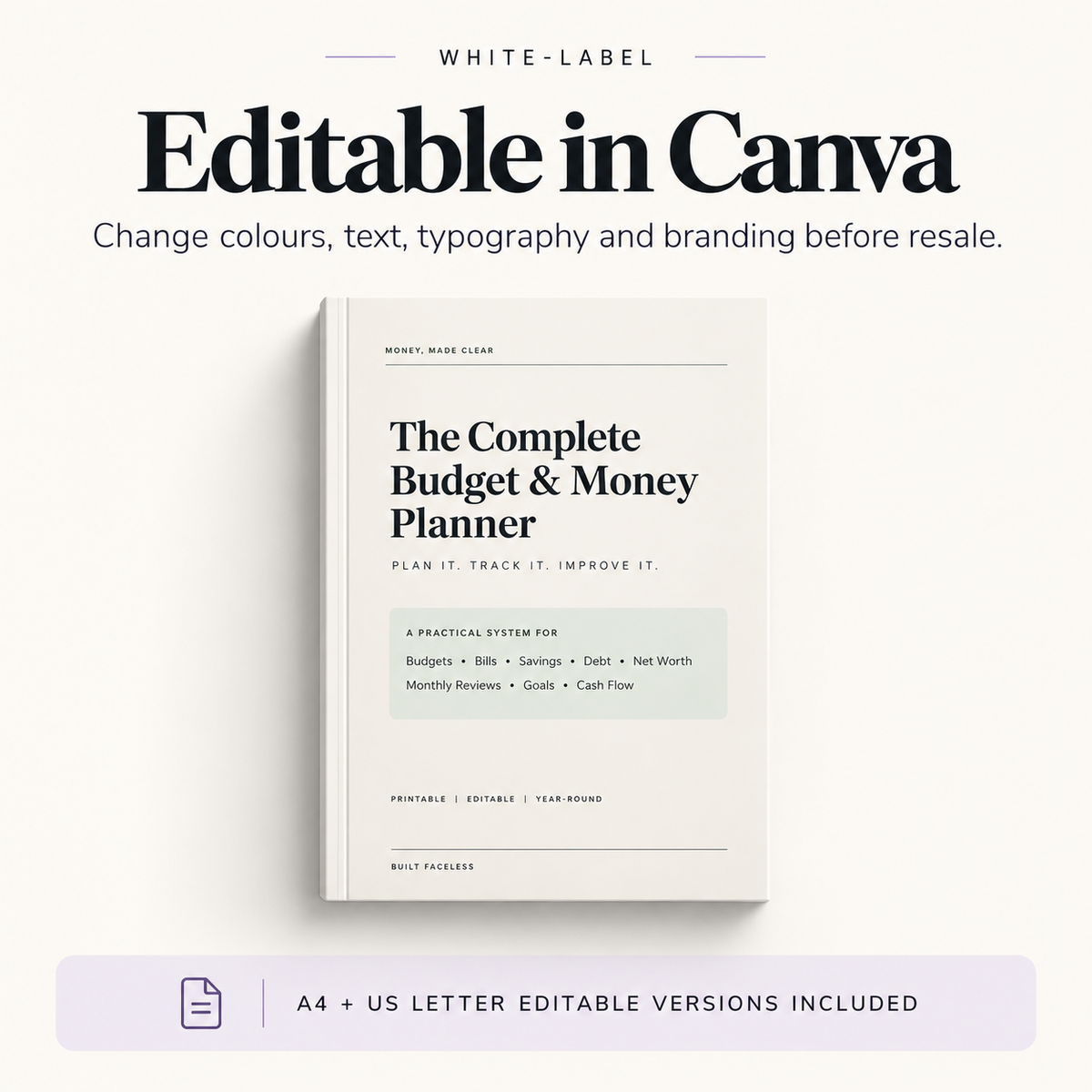 Editable Canva version of the Complete Budget and Money Planner for rebranding, custom text and colour changes before resale.