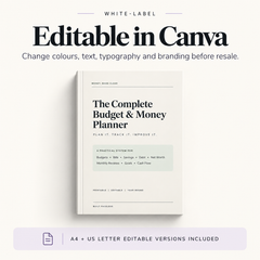 Editable Canva version of the Complete Budget and Money Planner for rebranding, custom text and colour changes before resale.
