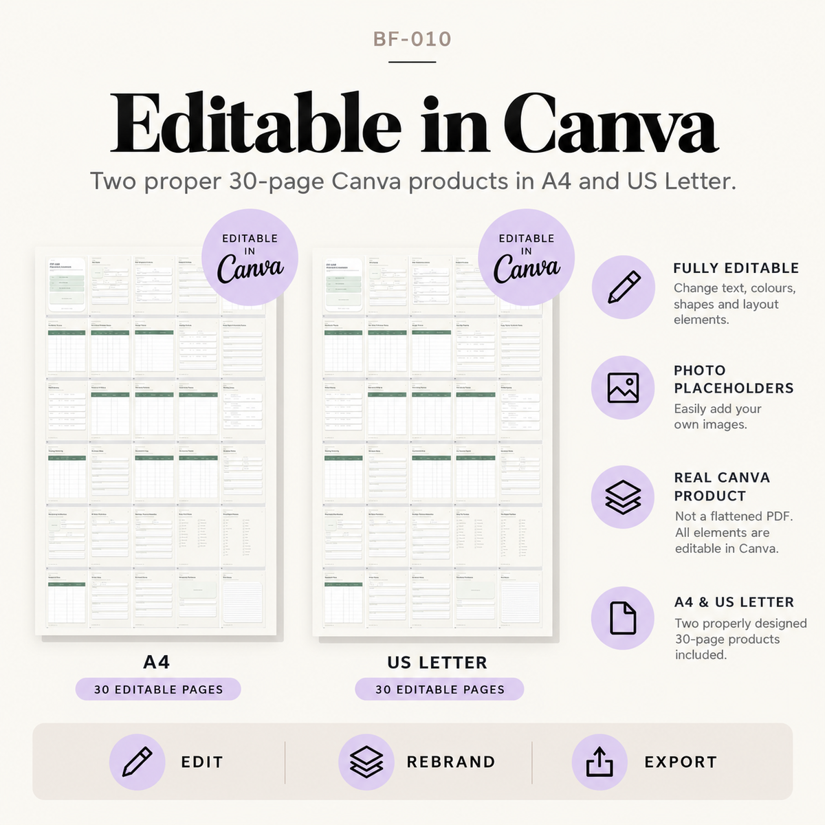 Editable Pet Care Planner Canva templates in A4 and US Letter with 30 customisable pages for text, colours, layouts and branding