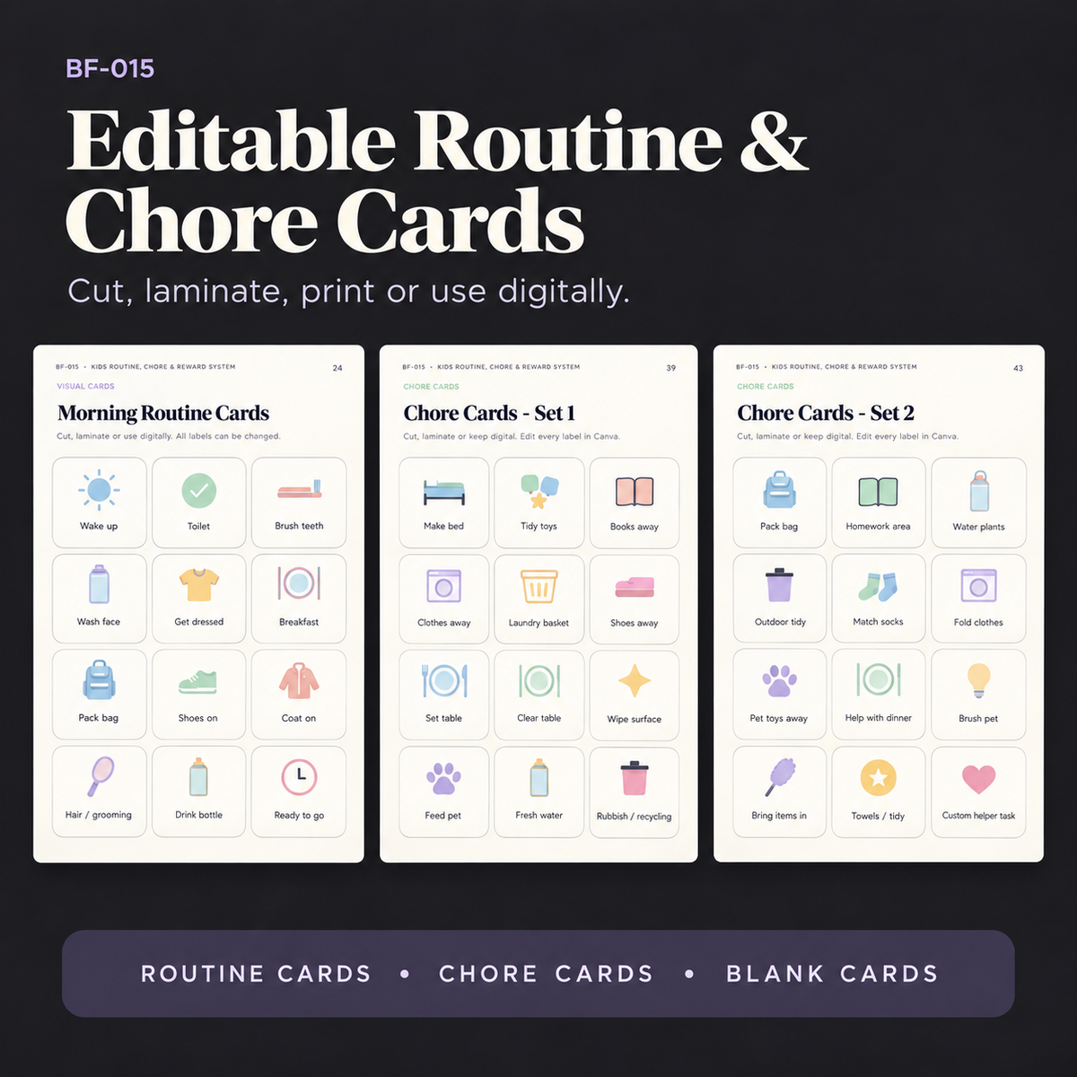 Editable routine and chore cards including morning routine cards, chore card sets and blank custom cards for printing, laminating or digital use