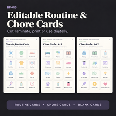 Editable routine and chore cards including morning routine cards, chore card sets and blank custom cards for printing, laminating or digital use