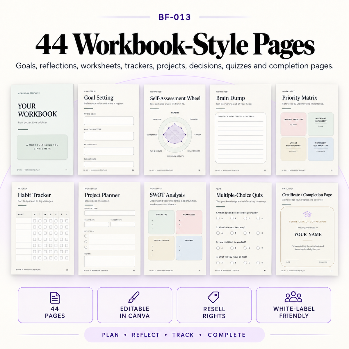 Showcase of editable workbook page templates included in the bundle, designed for Canva and suitable for branded digital products.