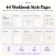 Showcase of editable workbook page templates included in the bundle, designed for Canva and suitable for branded digital products.