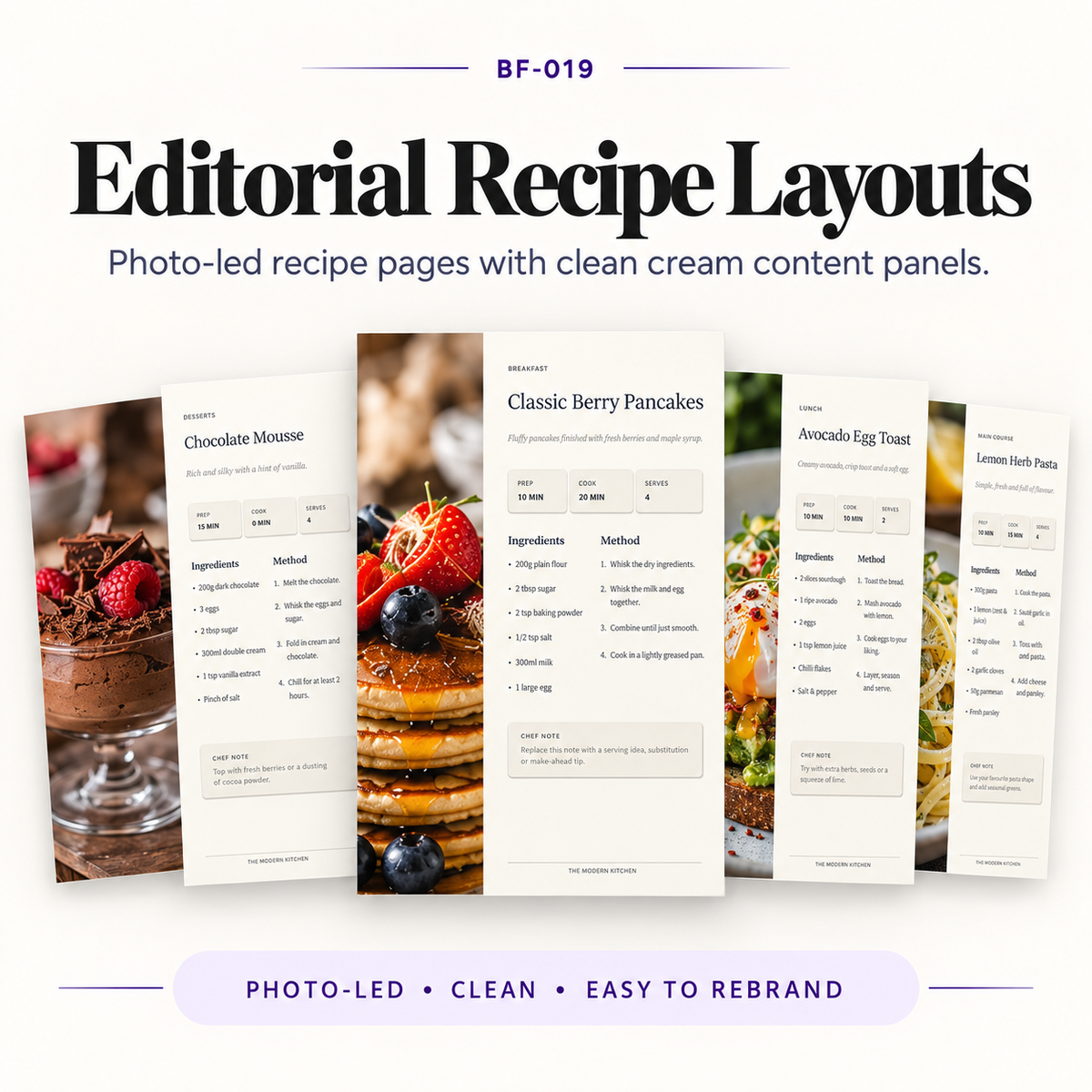 Square product image showcasing recipe page layouts included in the cookbook template bundle, with clean editorial recipe spreads and styled content sections.