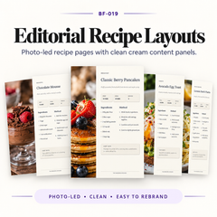 Square product image showcasing recipe page layouts included in the cookbook template bundle, with clean editorial recipe spreads and styled content sections.