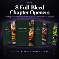 Square product image showing chapter opener page designs from the cookbook and recipe book Canva system in a premium editorial layout style.