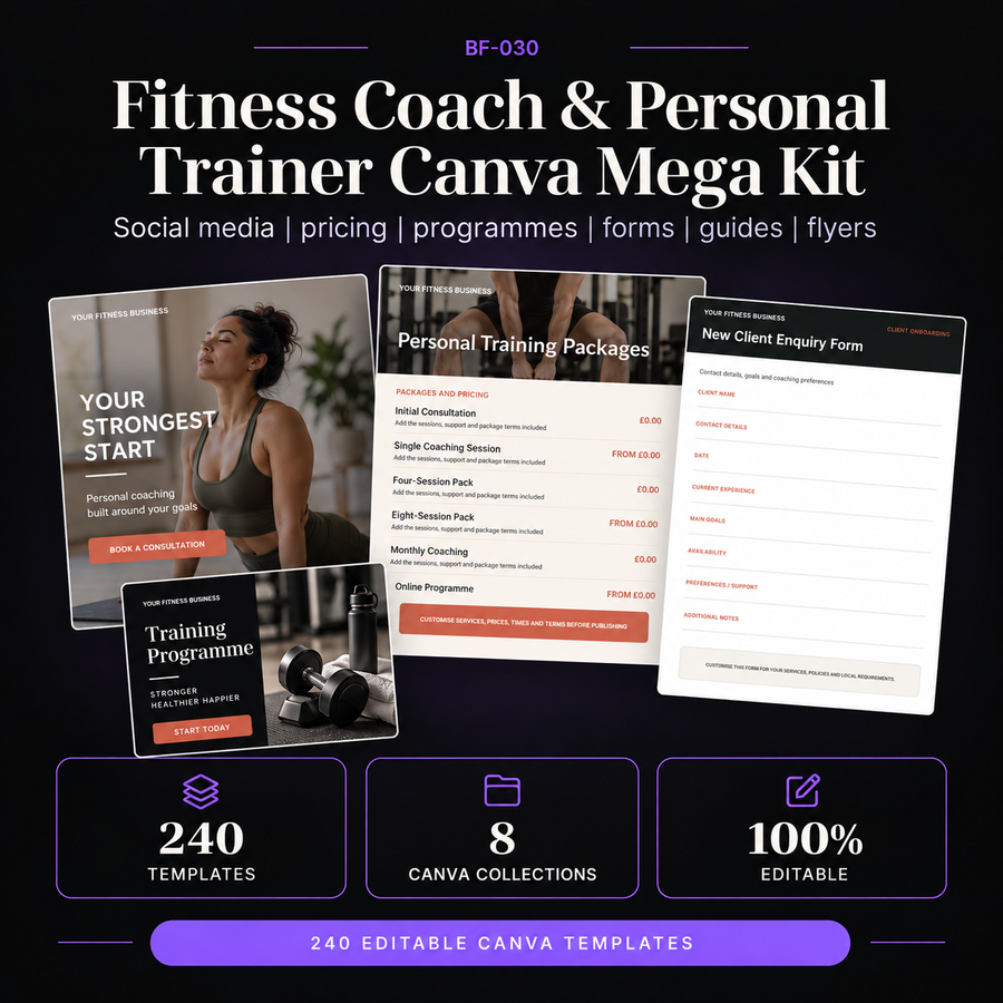 Fitness Coach and Personal Trainer Canva Mega Kit with 240 editable templates across 8 Canva collections including social media, pricing, workout plans, client forms, fitness guides, flyers and resell rights