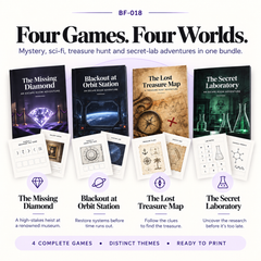 Four printable escape room games with distinct themes including The Missing Diamond, Blackout at Orbit Station, The Lost Treasure Map and The Secret Laboratory