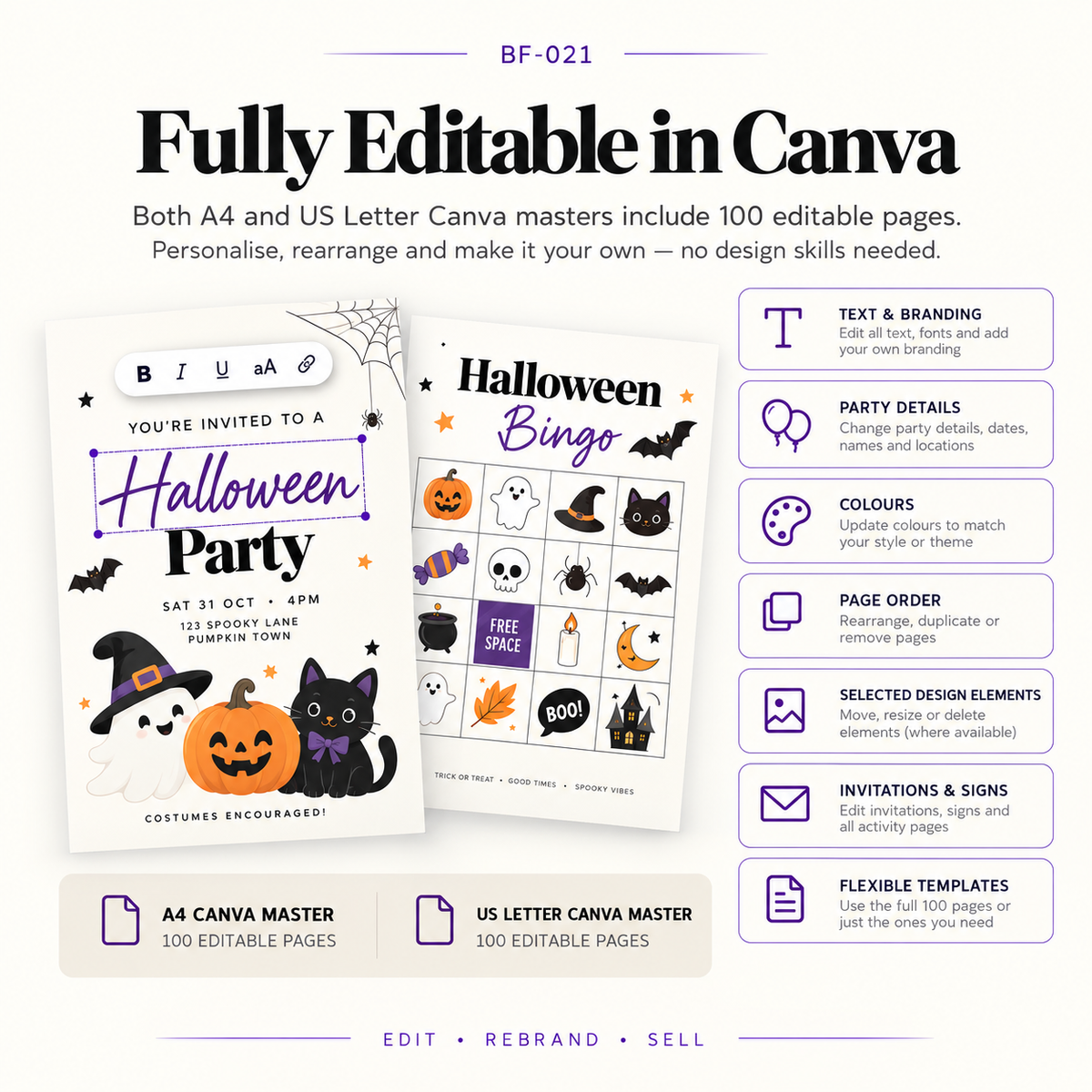 Halloween printable bundle fully editable in Canva with 100-page A4 and US Letter masters for changing text, branding, colours, party details, page order, invitations and signs
