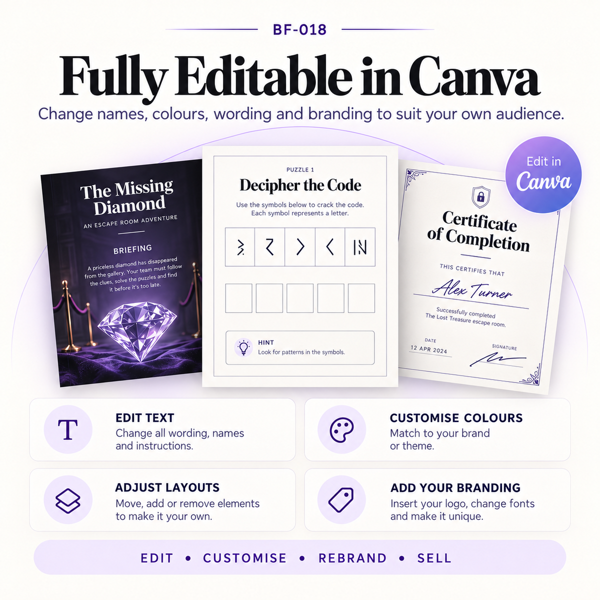 Printable escape room templates fully editable in Canva for changing names, colours, wording, branding, layouts and story details before resale