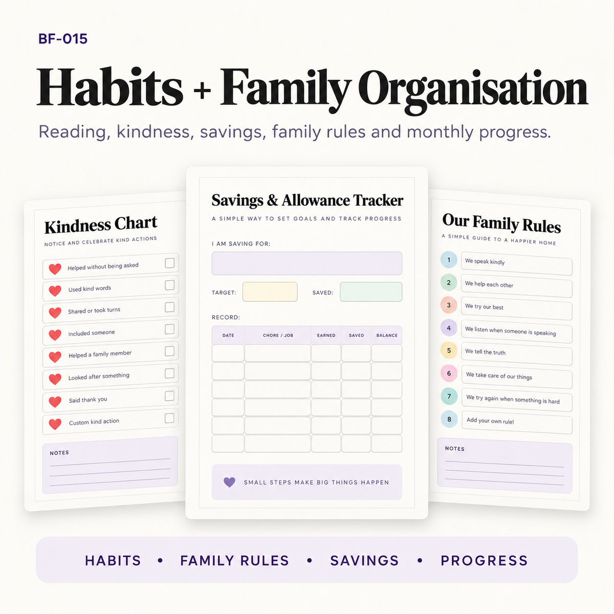 Family organisation templates including kindness charts, savings and allowance trackers, family rules, habit tools and monthly achievement tracking