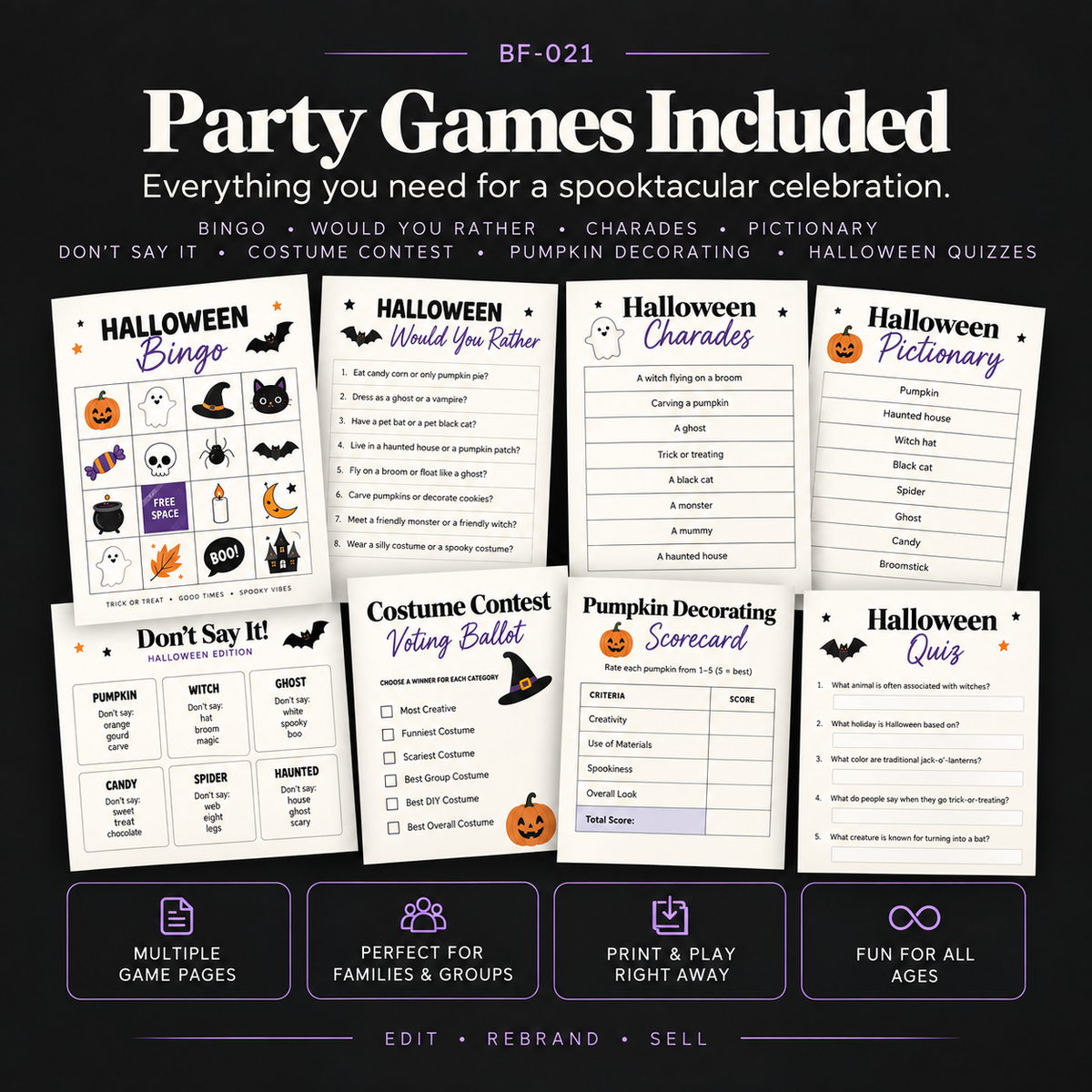 Halloween party games including bingo, Would You Rather, charades, Pictionary, Don't Say It, costume contest, pumpkin decorating and Halloween quizzes