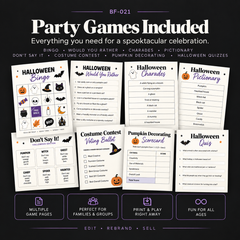 Halloween party games including bingo, Would You Rather, charades, Pictionary, Don't Say It, costume contest, pumpkin decorating and Halloween quizzes