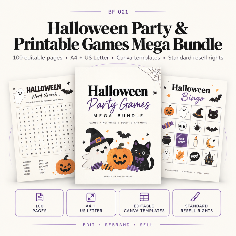 Halloween Party and Printable Games Mega Bundle with 100 editable pages in A4 and US Letter, Canva templates, party games, activities and Standard Resell Rights