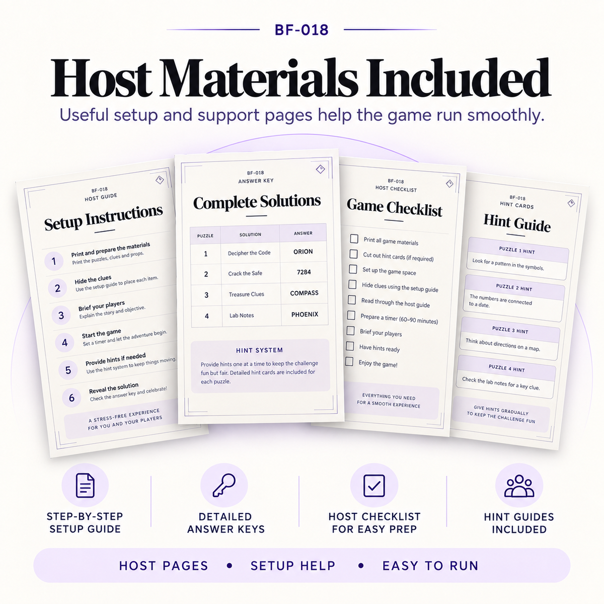 Host materials included with the escape room bundle including setup instructions, answer keys, game checklists, hint guides and support pages for running each game